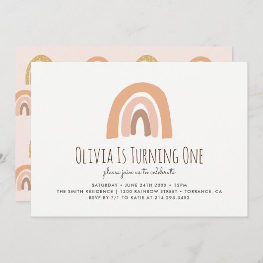 Aardse Pastel Regenboog 1e Verjaardagsuitnodiging Kaart (Voorkant / Achterkant)