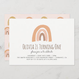 Aardse Pastel Regenboog 1e Verjaardagsuitnodiging Kaart