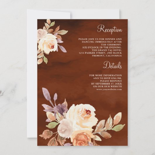 Aardse perzik bloem alles in één terracotta bruilo kaart (Achterkant)