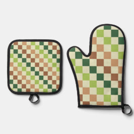 Aardse regenboog diagonaal schaakbord patroon ovenwant & pannenlap set