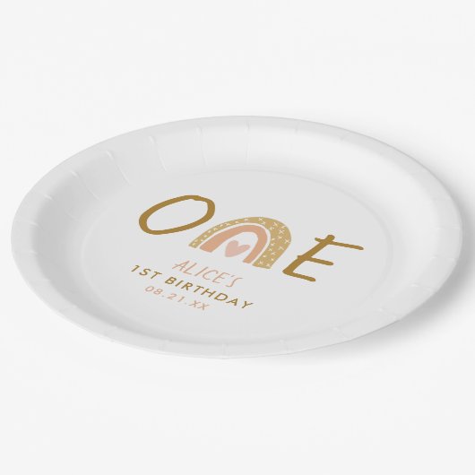 Aardse Regenboog Thema Meisje 1e Verjaardag Papieren Bordje (Gekanteld)