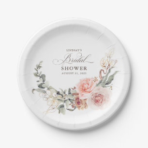 Aardse Roze Bloemen Elegante Boho Bruiloft Feest Papieren Bordje