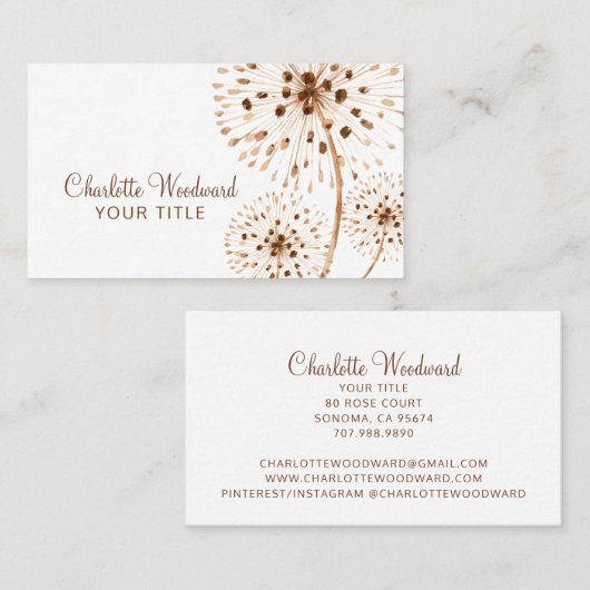 Aardse Rustieke Waterverf Windgeblazen Paardenbloe Visitekaartje (Voorkant / Achterkant)