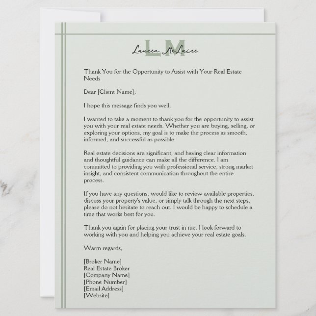 Aardse Saliegroene Makelaar Klant Aanpasbare Brief Briefhoofd (Voorkant)