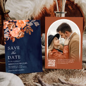 Aardse Terracotta Bloemen Trouwfoto Navy Blue Save The Date