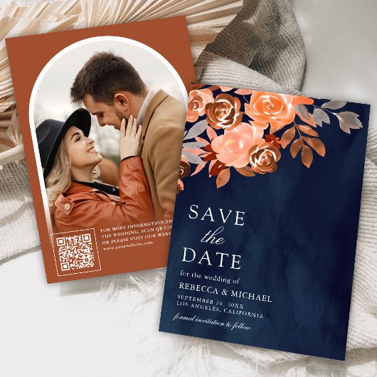 Aardse Terracotta Bloemen Trouwfoto Navy Blue Save The Date