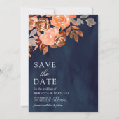 Aardse Terracotta Bloemen Trouwfoto Navy Blue Save The Date (Voorkant)
