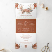 Aardse Terracotta Bloemengeweihoorns QR Code Bruil Drieluik Uitnodiging (Binnen)