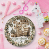 Aardse tinten groen goud gezellig kerstinterieur papieren bordje (Feest)