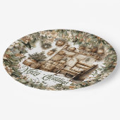 Aardse tinten groen goud gezellig kerstinterieur papieren bordje (Gekanteld)