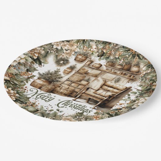 Aardse tinten groen goud gezellig kerstinterieur papieren bordje (Gekanteld)