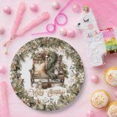 Aardse tinten groen goud gezellig kerstinterieur papieren bordje (Feest)