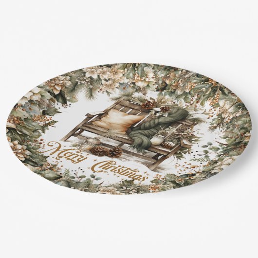 Aardse tinten groen goud gezellig kerstinterieur papieren bordje (Gekanteld)