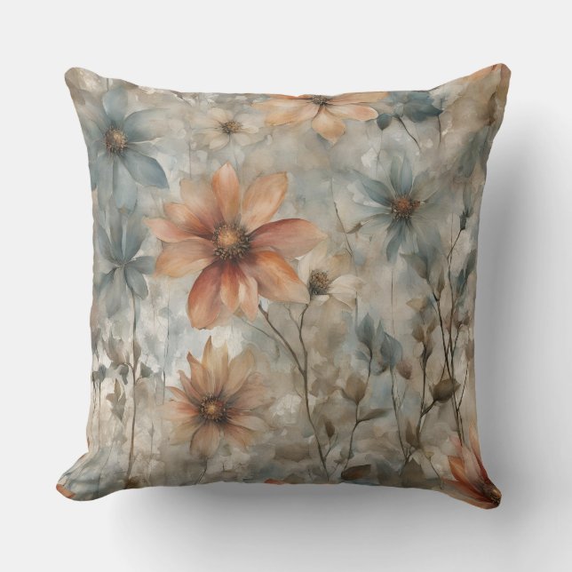 Aardse Warm Blauw Bloemen Home Decor Print Kussen (Voorkant)