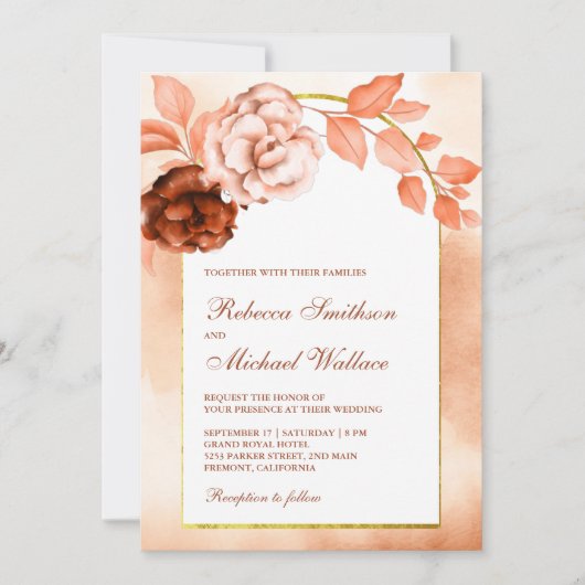 Aardse Waterverf Bloemenboog Terracotta Bruiloft Kaart (Voorkant)