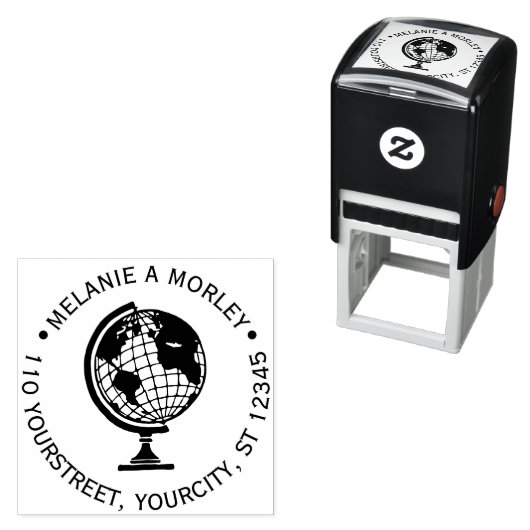 Aardse Wereldbol Kaart #2 Ronde Naam Retouradres Zelfinktende Stempel (In situ)