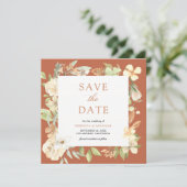 Aardse Zachte Perzik Bloemige Terracotta Bruiloft Save The Date (Staand voorkant)