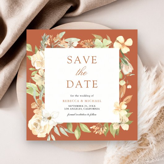 Aardse Zachte Perzik Bloemige Terracotta Bruiloft Save The Date