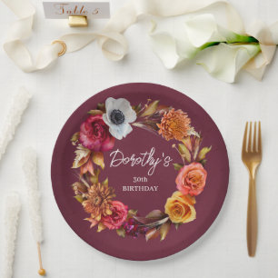 Aardtint Burgundy Herfstbloemen 30e Verjaardag Papieren Bordje