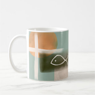 Aardtinten kruis en vis minimalistische kunst koffiemok