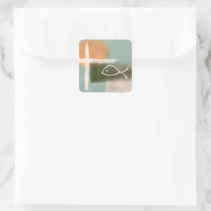 Aardtinten kruis en vis minimalistische kunst vierkante sticker