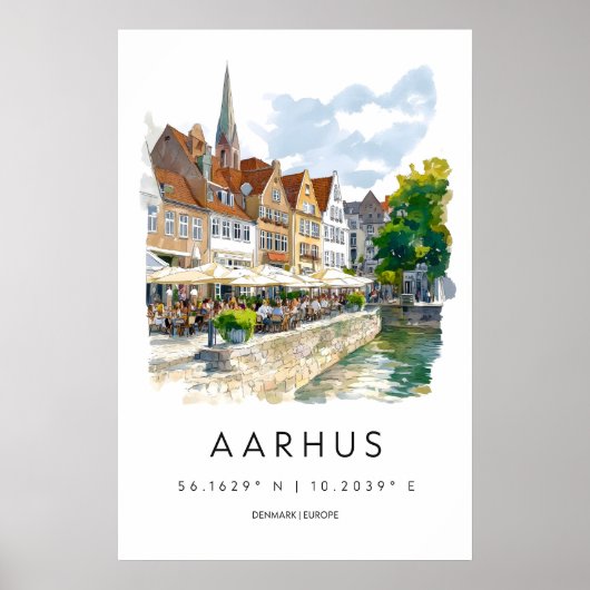 Aarhus Aquarel Vintage Reisposter Skiën Poster (Voorkant)