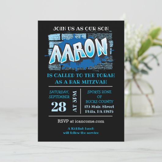Aaron Your Graffiti Name Brick Wall Bar Mitzvah Kaart (Staand voorkant)