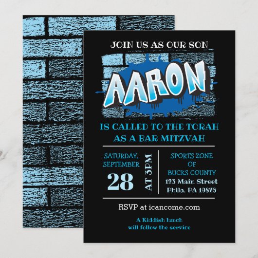 Aaron Your Graffiti Name Brick Wall Bar Mitzvah Kaart (Voorkant / Achterkant)