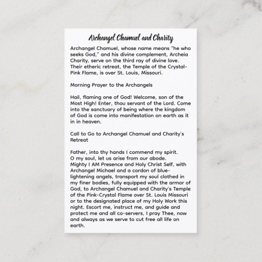 Aartsengel Chamuël en liefdadigheid Visitekaartje (Achterkant)