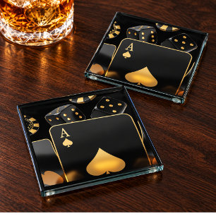 Aas van Schoppen Gouden Dobbelsteen Man Cave Poker Glazen Onderzetter