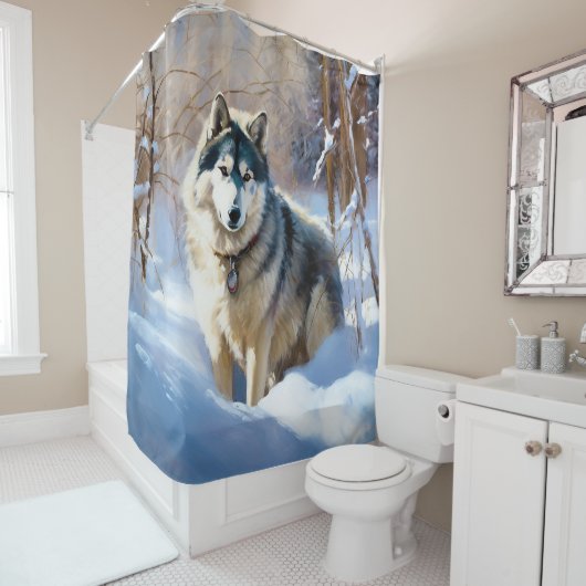 Aaskan Malamute Laat het Sneeuwen Kerstmis Douchegordijn (In situ)