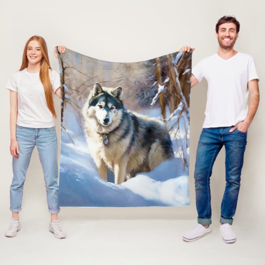 Aaskan Malamute Laat het Sneeuwen Kerstmis Fleece Deken (In situ)