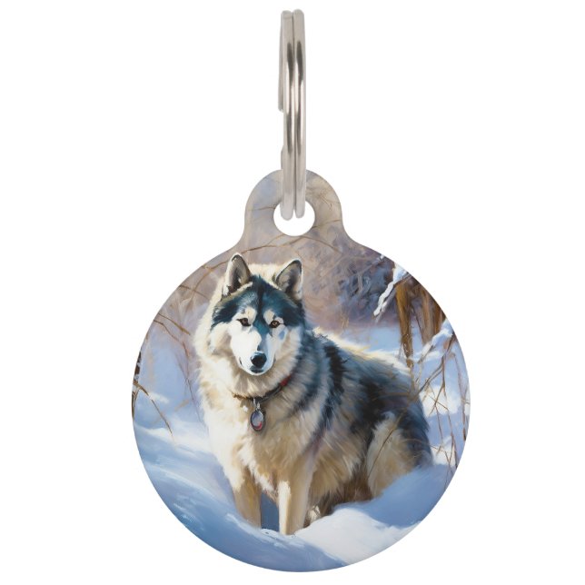 Aaskan Malamute Laat het Sneeuwen Kerstmis Huisdierpenning (Voorkant)