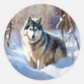 Aaskan Malamute Laat het Sneeuwen Kerstmis Ronde Sticker (Voorkant)