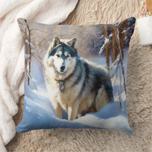 Aaskan Malamute liet het sneeuwen Kerstmis Kussen