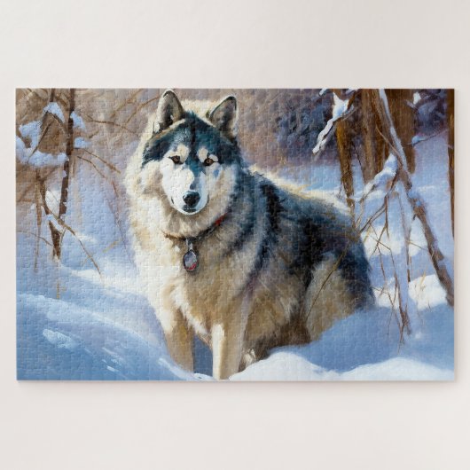 Aaskan Malamute liet het sneeuwen Kerstmis Legpuzzel (Horizontaal)