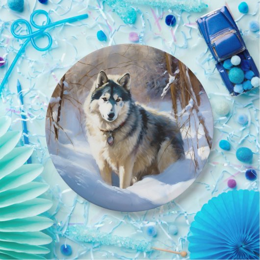 Aaskan Malamute liet het sneeuwen Kerstmis Papieren Bordje (Feest)