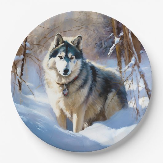 Aaskan Malamute liet het sneeuwen Kerstmis Papieren Bordje (Voorkant)
