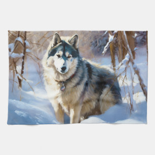 Aaskan Malamute liet het sneeuwen Kerstmis Theedoek