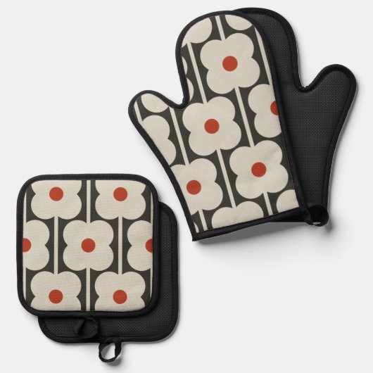 Abacus Bloem Tomaat Rood Raster Patroon Ovenwant & Pannenlap Set (Voorkant / Achterkant)