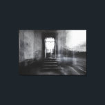 Abandoned Staircase Ghostly Doorway Blur Canvas Afdruk<br><div class="desc">A wide stone staircase rises toward an open arched doorway in an abandoned grand interior, captured in stark black and white. Thick motion blur and ghostly double-exposure layers overlap walls, steps, and cracked plaster, creating an ethereal, dreamlike veil across the scene. Soft daylight pours through the threshold, revealing overgrown foliage...</div>