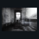 Abandoned Staircase Ghostly Doorway Blur Poster<br><div class="desc">A wide stone staircase rises toward an open arched doorway in an abandoned grand interior, captured in stark black and white. Thick motion blur and ghostly double-exposure layers overlap walls, steps, and cracked plaster, creating an ethereal, dreamlike veil across the scene. Soft daylight pours through the threshold, revealing overgrown foliage...</div>
