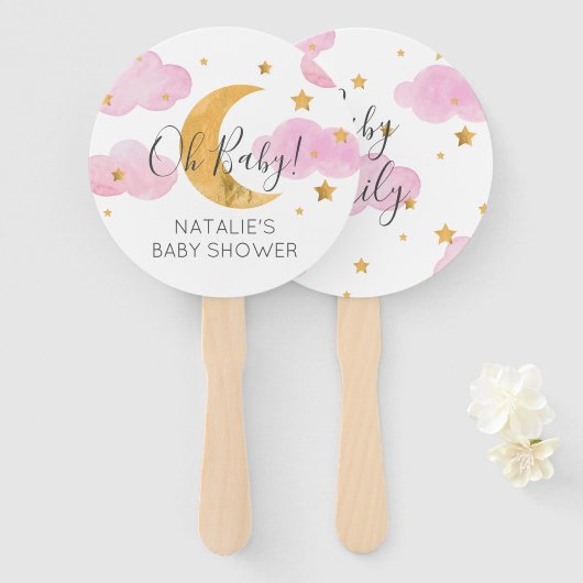 Abanico Moon & Stars Pink Baby Shower Handwaaier (Voorkant en achterkant)