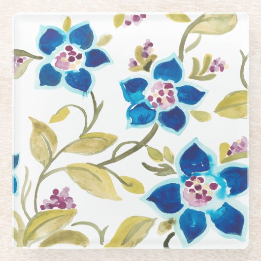 Abbey Floral Tiles - Blue Blooms Glazen Onderzetter (Voorkant)
