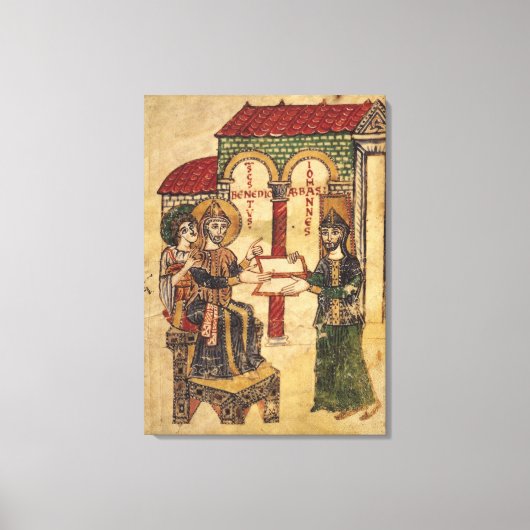 Abbot John biedt manuscript Benedict aan Canvas Afdruk (Voorkant)