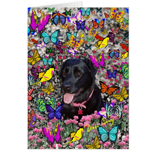 Abby in Butterflies-kaart - zwarte labrador (Voorkant)