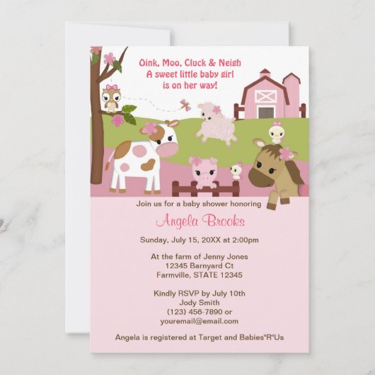 Abby's Boerderij Animal Girls Baby shower GIRL PIN Kaart (Voorkant)