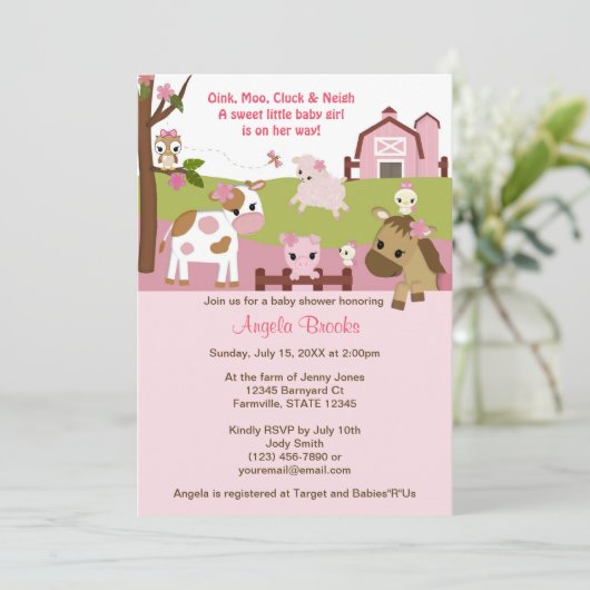 Abby's Boerderij Animal Girls Baby shower GIRL PIN Kaart (Staand voorkant)