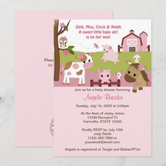 Abby's Boerderij Animal Girls Baby shower GIRL PIN Kaart (Voorkant / Achterkant)