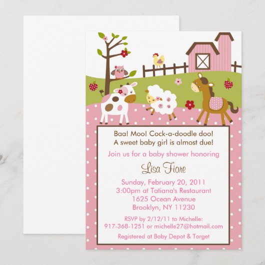 Abby's Boerderij Boerderij Animal Baby Shower Invi Kaart (Voorkant / Achterkant)